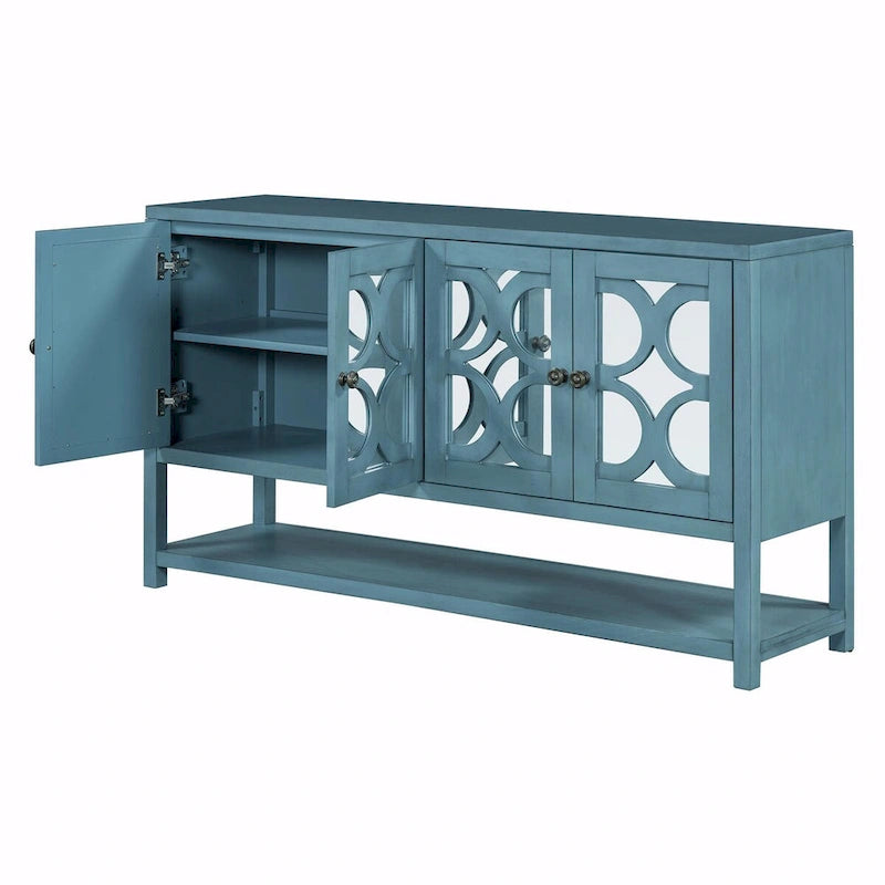 Elegant Retro Console Table with Mirrored Doors, Spacious Shelves and Durable Acacia Wood Legs