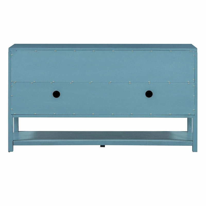 Elegant Retro Console Table with Mirrored Doors, Spacious Shelves and Durable Acacia Wood Legs