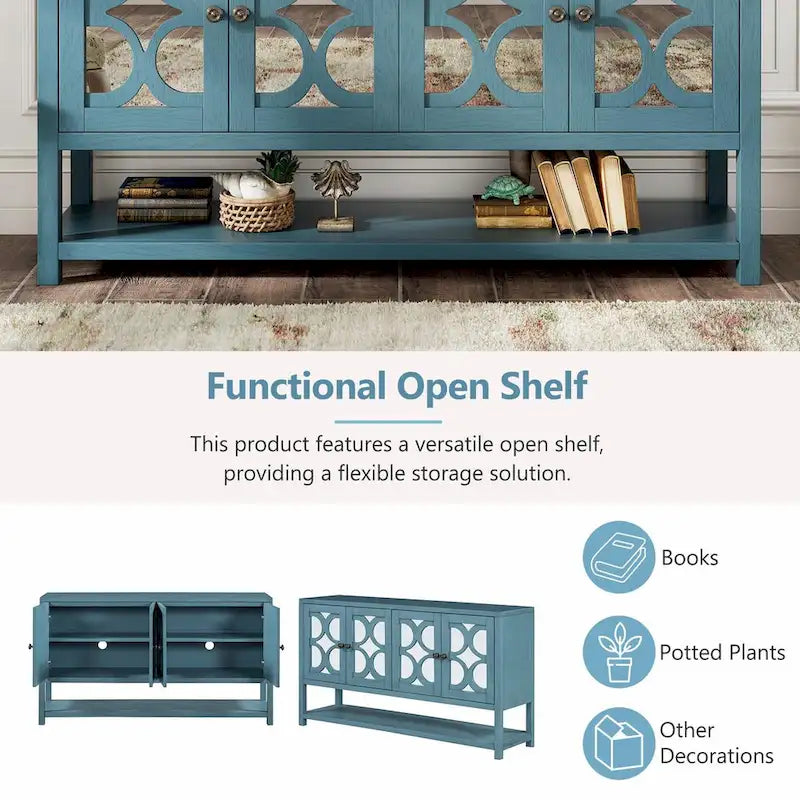 Elegant Retro Console Table with Mirrored Doors, Spacious Shelves and Durable Acacia Wood Legs