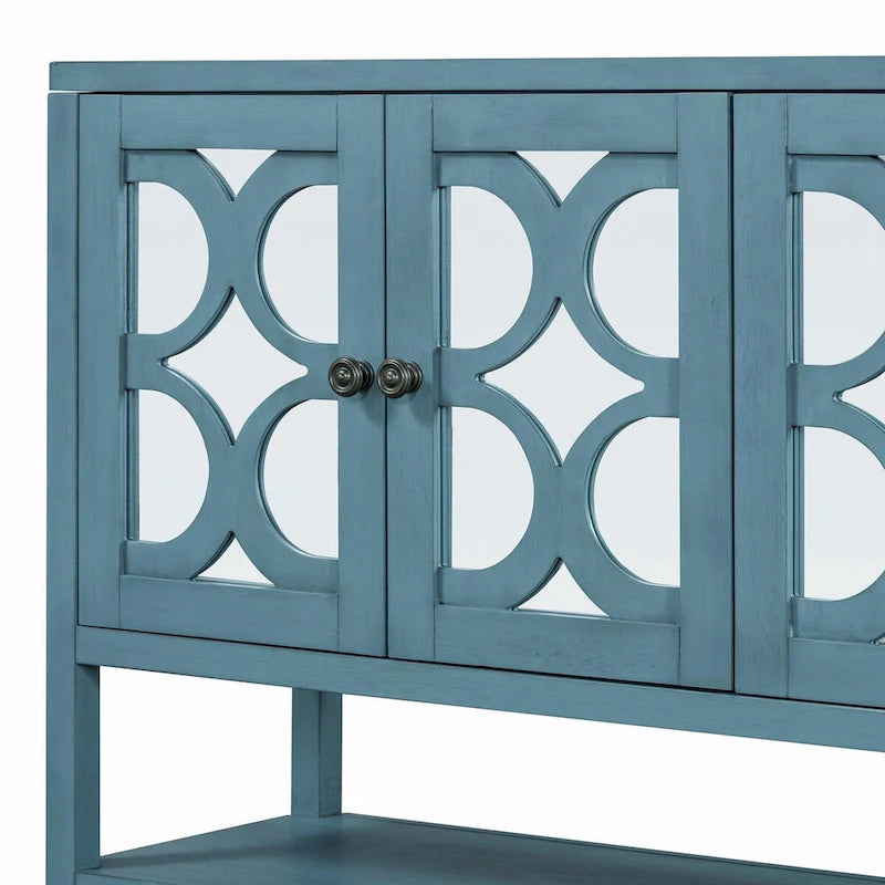 Elegant Retro Console Table with Mirrored Doors, Spacious Shelves and Durable Acacia Wood Legs