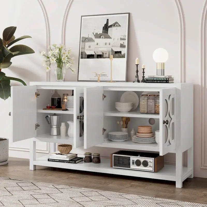 Elegant Retro Console Table with Mirrored Doors, Spacious Shelves and Durable Acacia Wood Legs