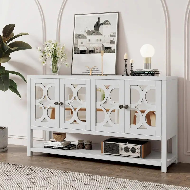Elegant Retro Console Table with Mirrored Doors, Spacious Shelves and Durable Acacia Wood Legs