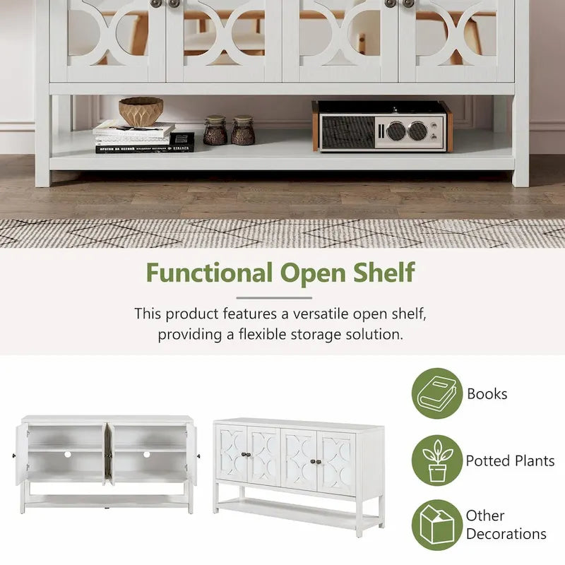 Elegant Retro Console Table with Mirrored Doors, Spacious Shelves and Durable Acacia Wood Legs