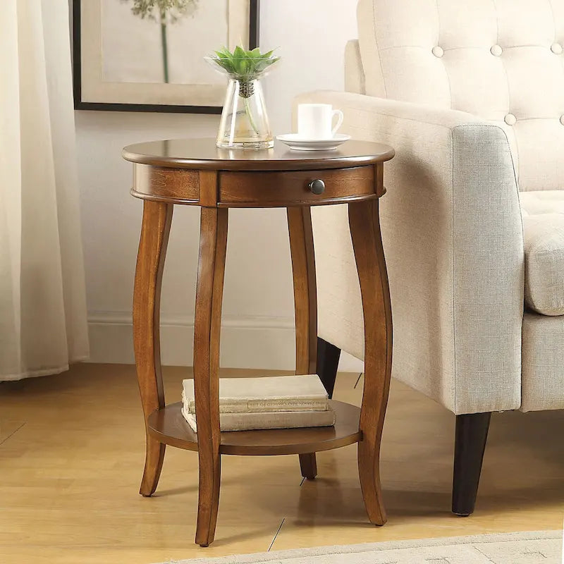 Walnut & Black Round End Table with Drawer – 18"Dia x 24"H
