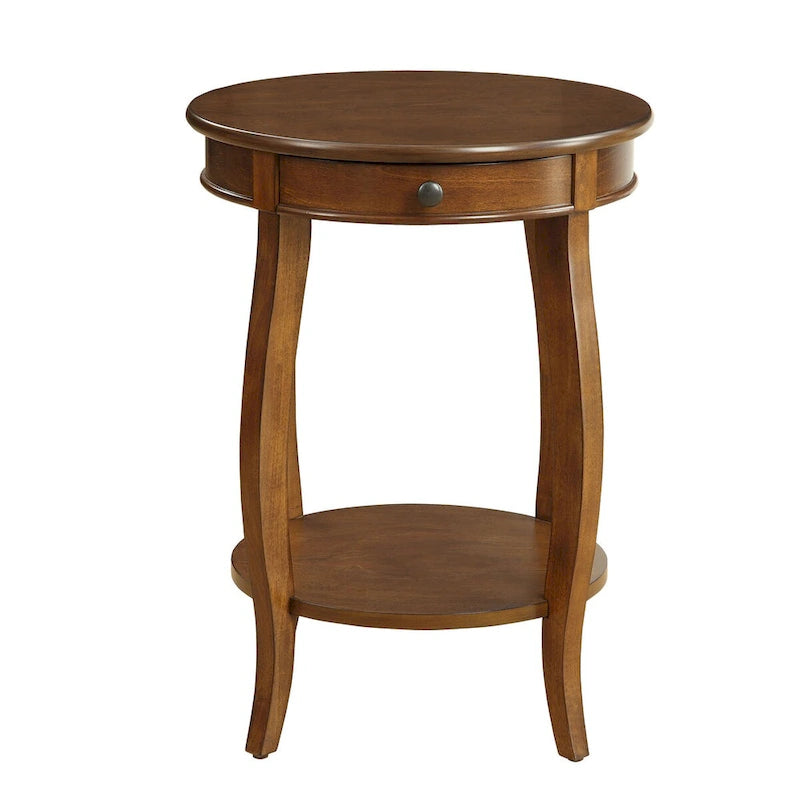 Walnut & Black Round End Table with Drawer – 18"Dia x 24"H