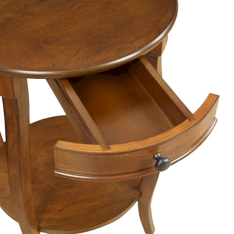 Walnut & Black Round End Table with Drawer – 18"Dia x 24"H