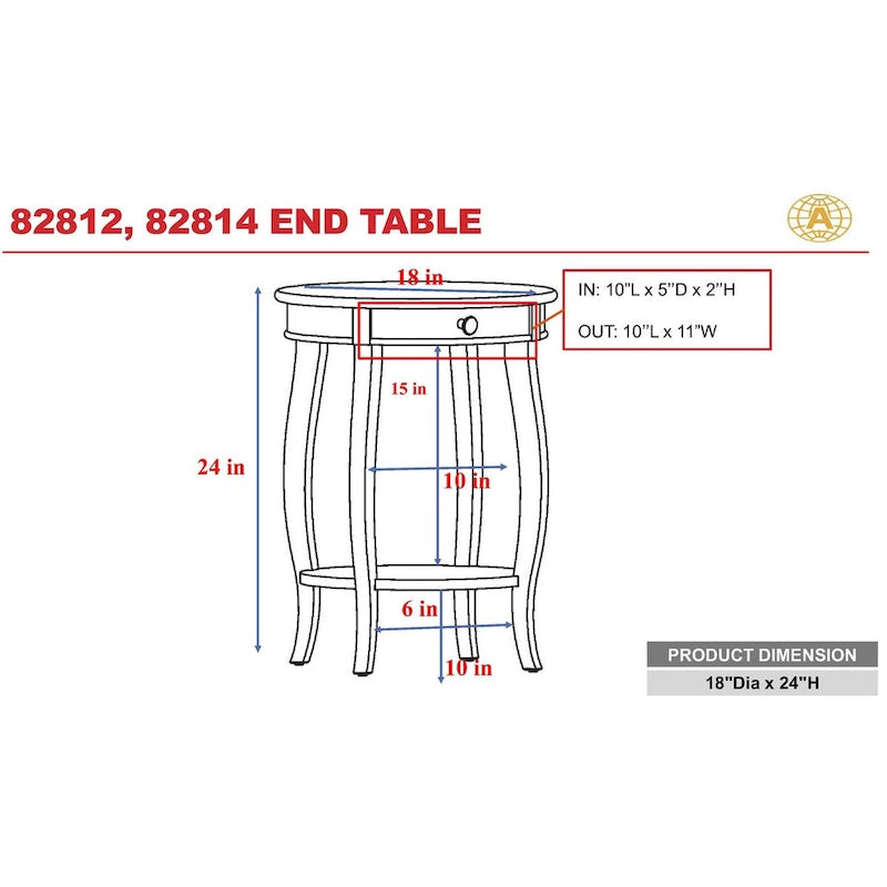 Walnut & Black Round End Table with Drawer – 18"Dia x 24"H